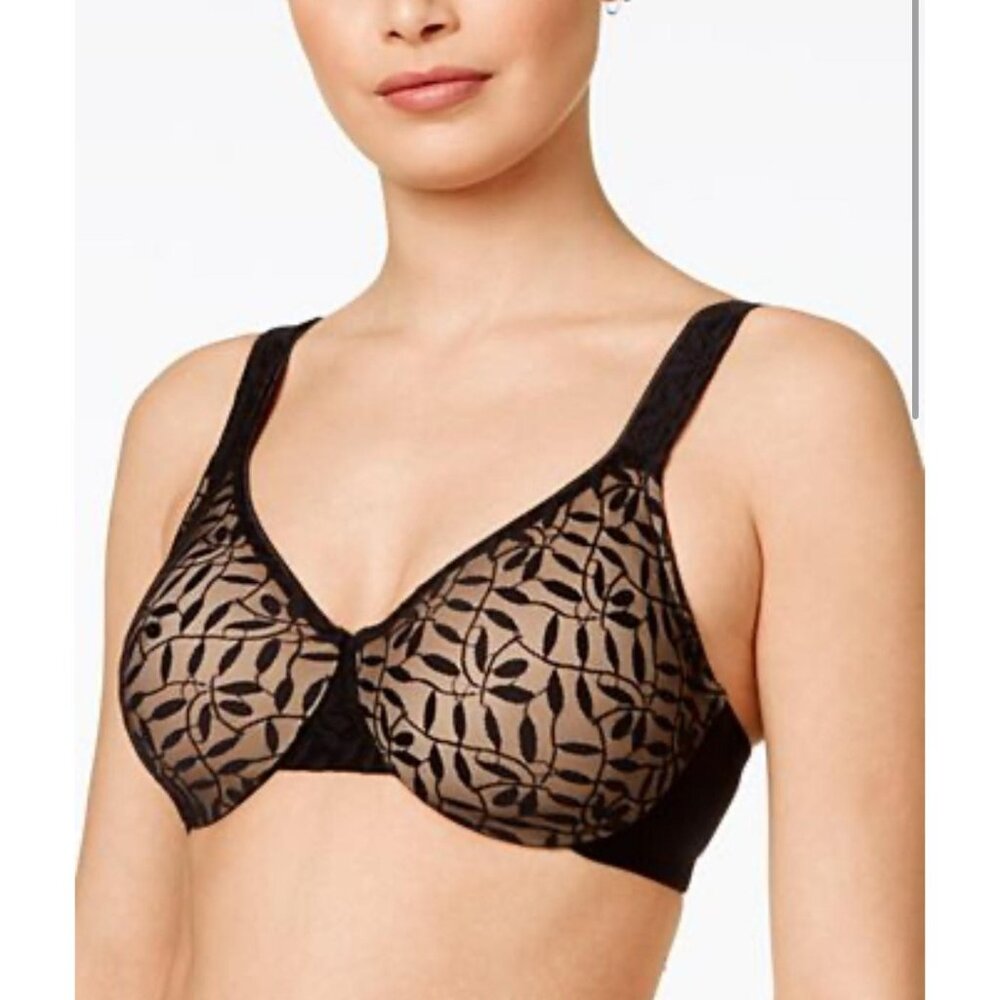 Olga by Warner's Bra Womens 36D Black Beige Embroidered Leaf Underwire Full‎ Cup